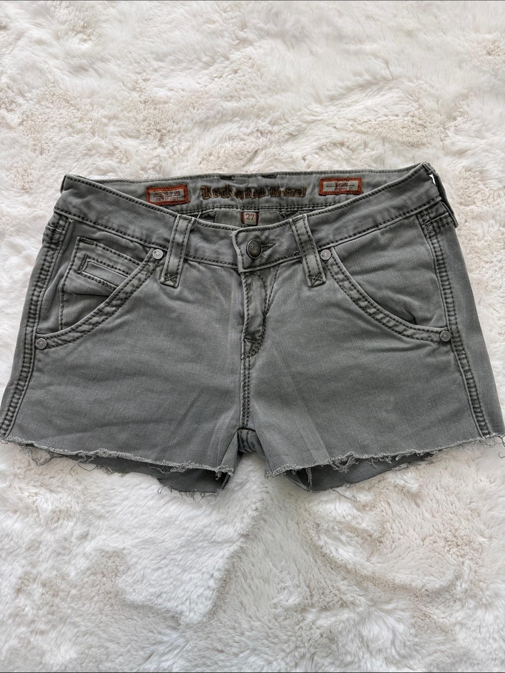 Y2K Vibes Rock Revival Gray Green Upcycled Frayed Raw Hem Cutoff Denim Shorts